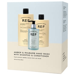 REF CARE&HAND SOAP Ultimate Repair ( shampoo 285ml + Conditioner 245ml + Savon main Amber&Rhubarb 300ml)