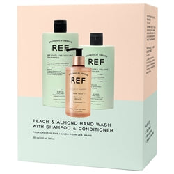 REF CARE&HAND SOAP Weightless Volume ( shampoo 285ml + Conditioner 245ml + Savon main Peach&Almond 300ml)