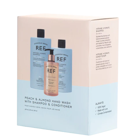 REF CARE&HAND SOAP Intense Hydrate (shampoo 285ml + Conditioner 245ml + Savon main Peach&Almond 300ml)